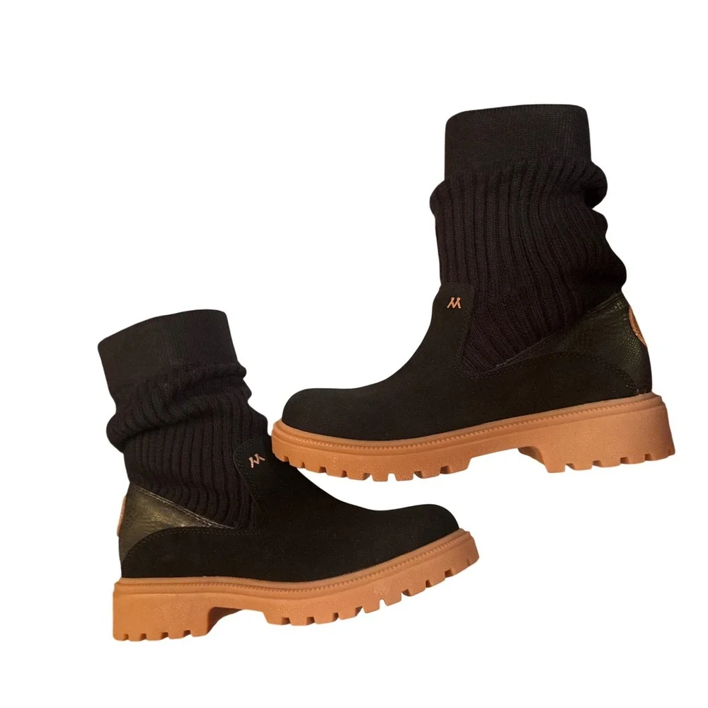 Mykos Maria Suede Knit Slouch Ankle Boots Black Lug Sole OrthoLite Women's 7